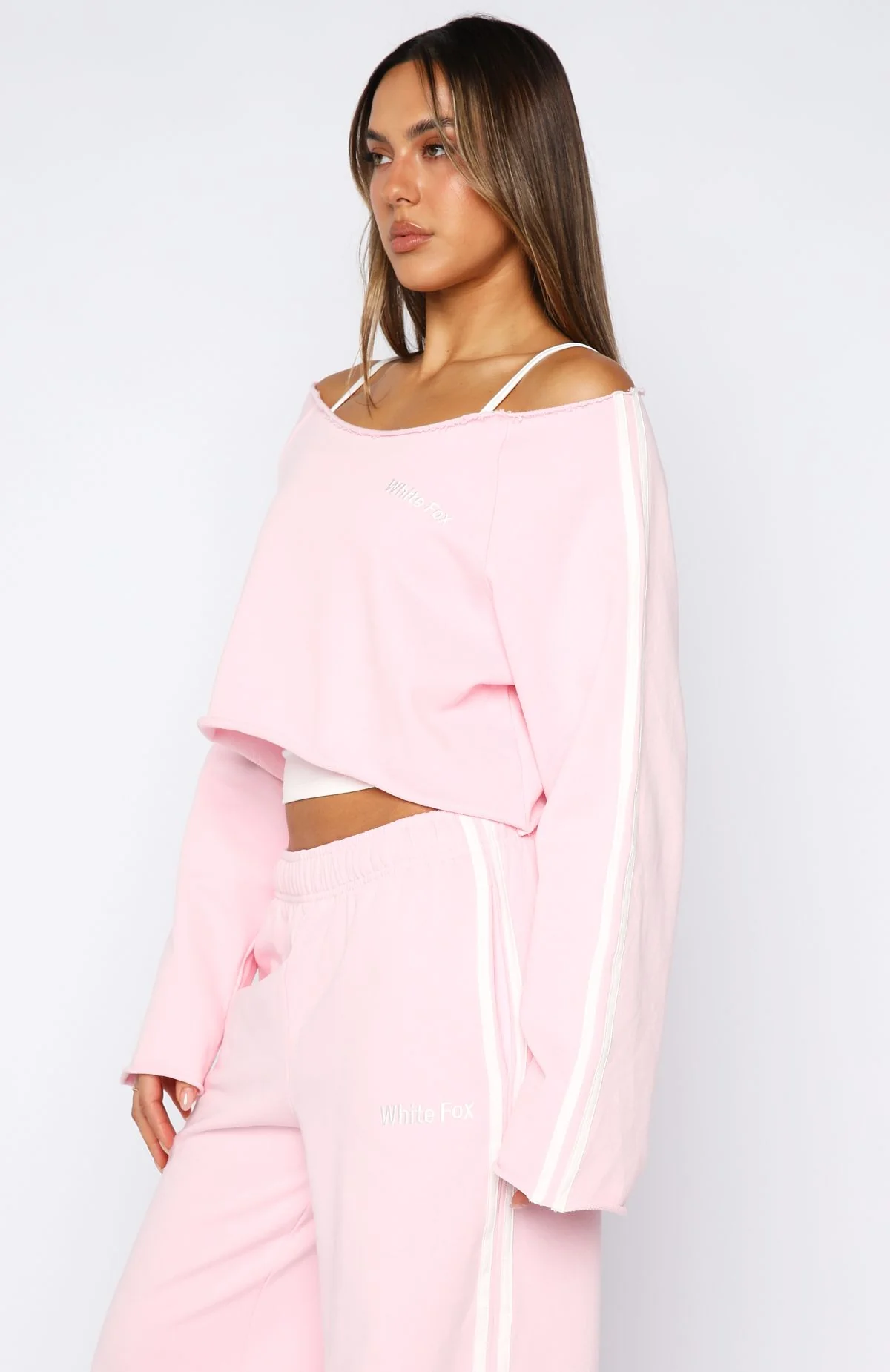 Star Student Cropped Off Shoulder Sweater Pink - Image 3