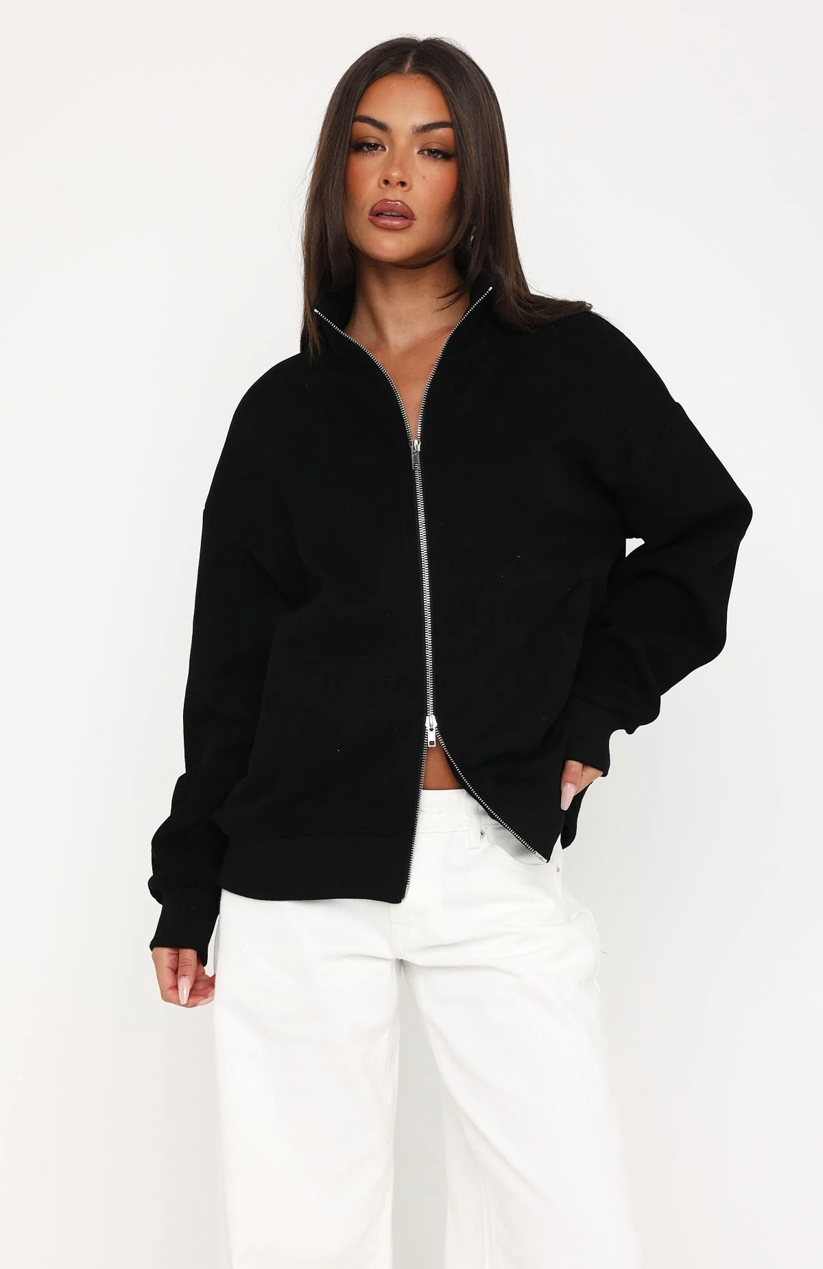 Such A Dream Oversized Zip Front Funnel Neck Jacket Black - Image 2