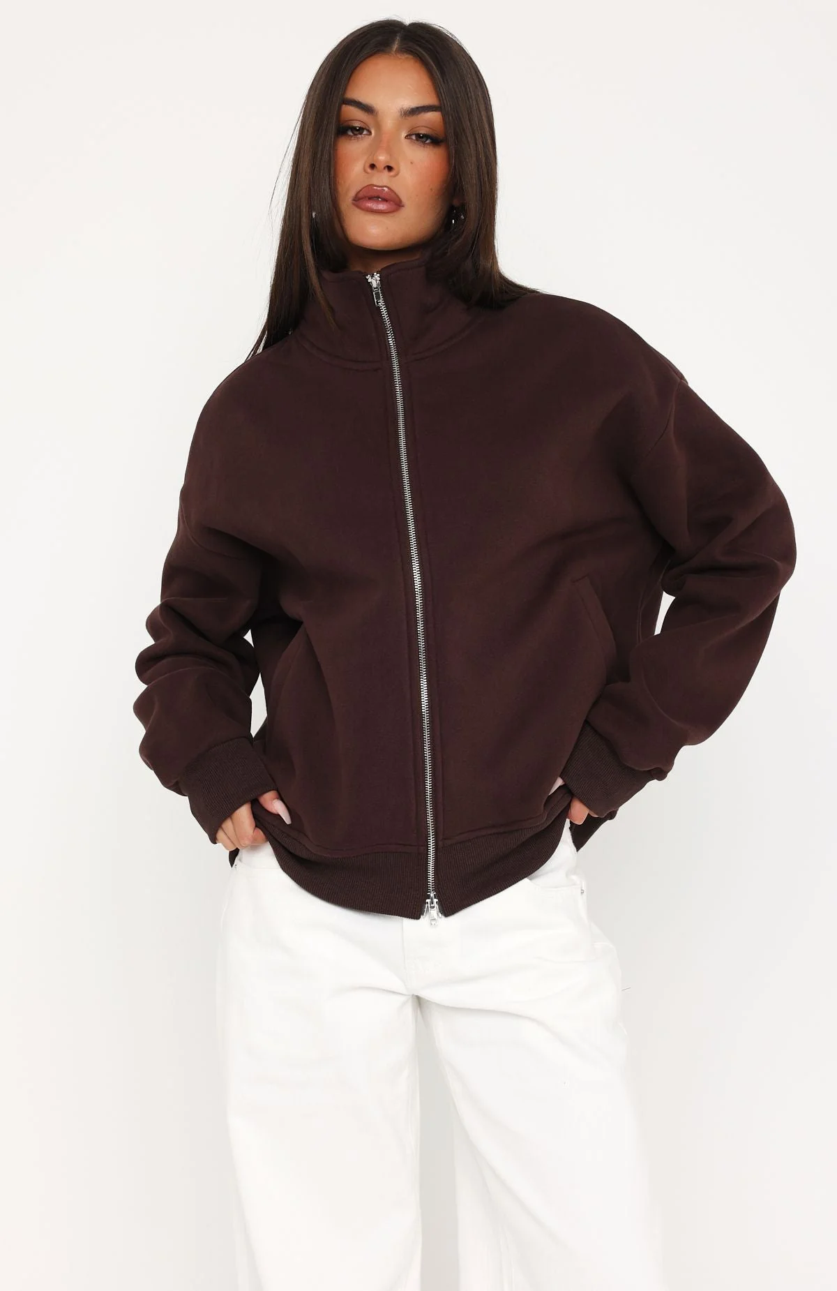 Such A Dream Oversized Zip Front Funnel Neck Jacket Chocolate - Image 2