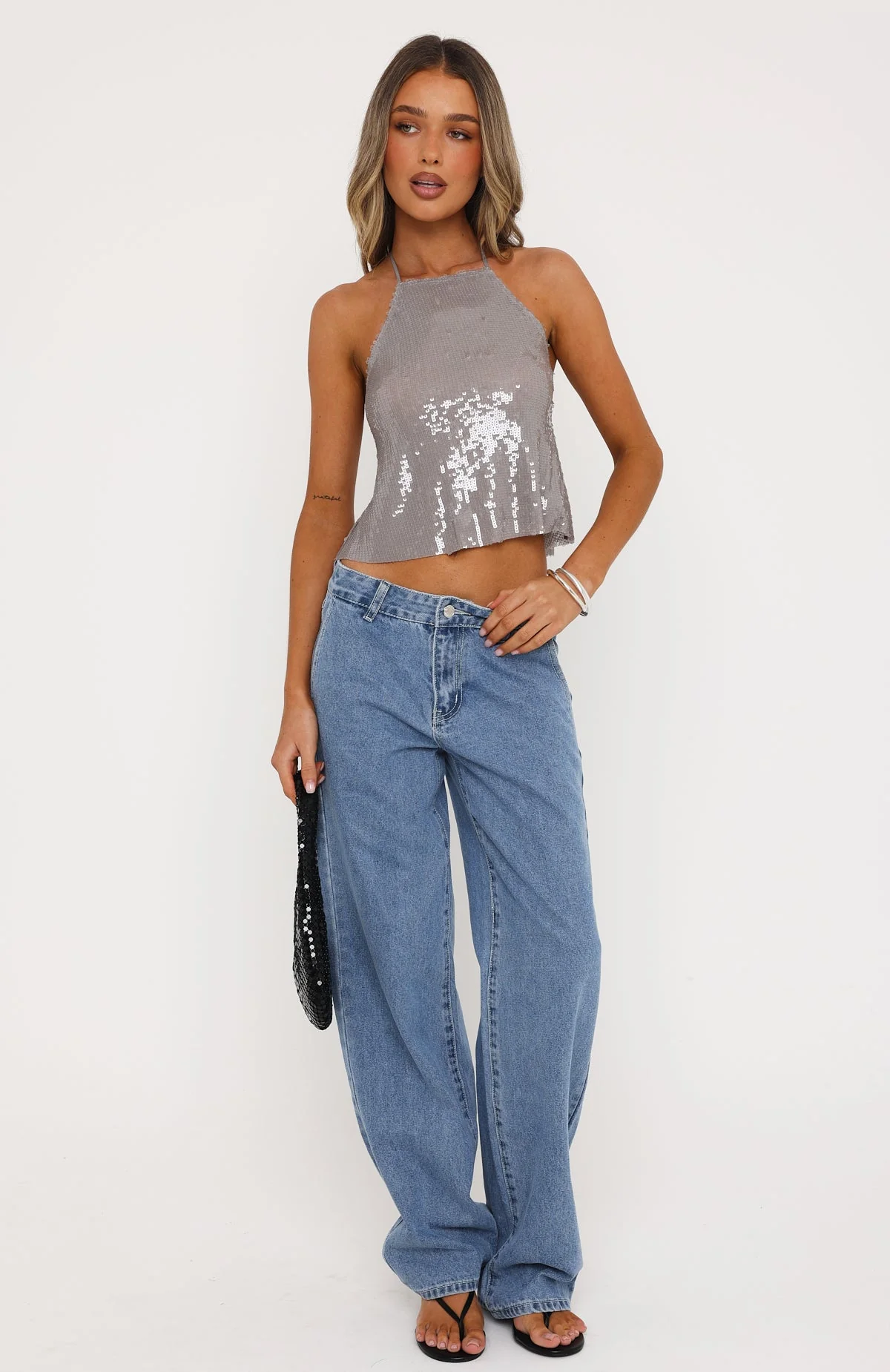 Under The Disco Ball Sequin Halter Top Silver - Image 5